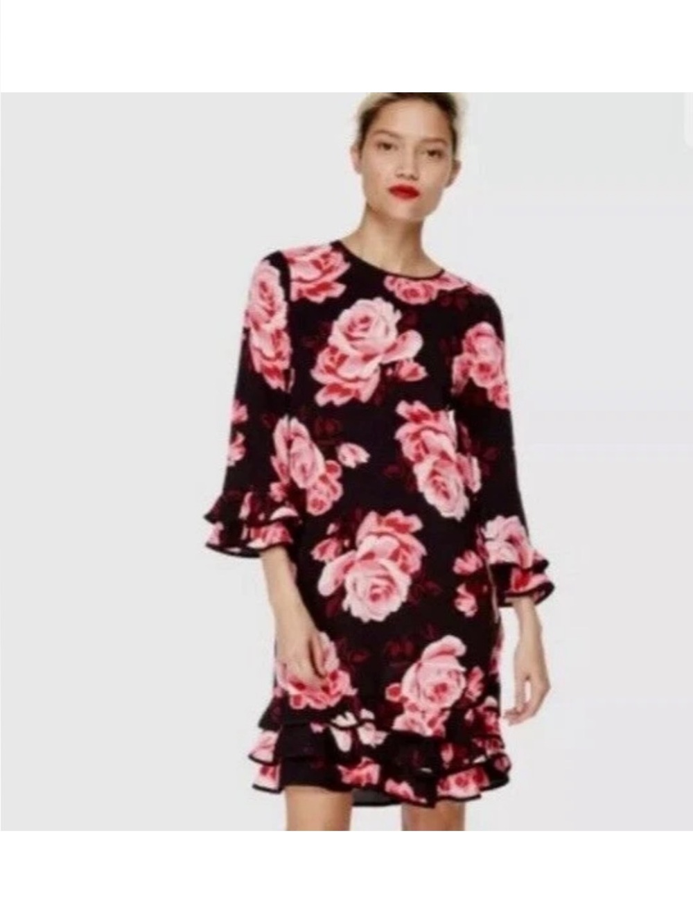 Kate Spade Floral Shift Dress in Black with Pink Roses